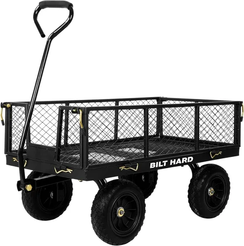 BILT HARD Carro de jardín resistente con neumáticos planos de 10 pulgadas con mango giratorio de 180° y lados extraíbles, 4 pies cúbicos de