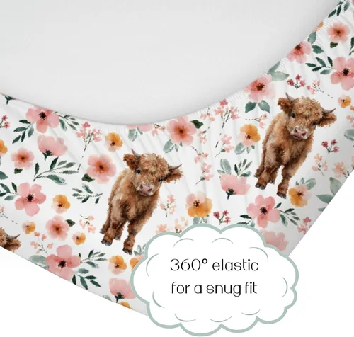 Miniatura 2 de HawSkgFub Highland Cow - Sábana bajera para cuna estándar y bohemia para bebé, funda de colchón retro de animales de granja occidental, flor de yak