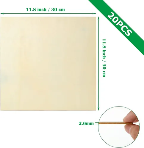 Miniatura 2 de 20 hojas de madera de tilo de 12 x 12 pulgadas, piezas de madera cuadradas sin terminar para manualidades, tablero de madera contrachapada de 0.118