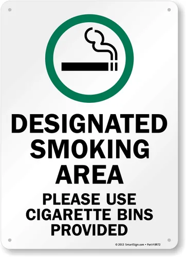 SmartSign Cartel de "Área designada para fumar, por favor use los contenedores de cigarrillos proporcionados", plástico de 10 x 14 pulgadas Plástico