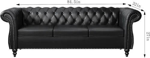Miniatura 2 de ONCIN Chesterfield - Sofá de cuero para sala de estar, sofá de 3 plazas, sofá copetudo, piel sintética con brazos enrollados y cabeza de clavo
