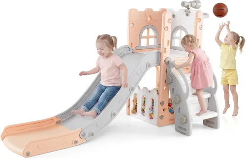 Miniatura 10 de OLAKIDS Tobogán para niños pequeños, 6 en 1 para interiores y exteriores, con aro de baloncesto, telescopio, almacenamiento de juguetes para niños