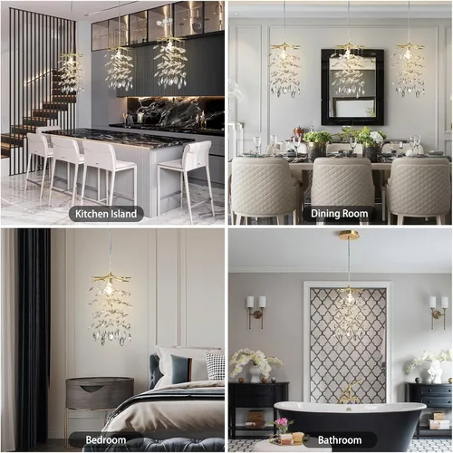 Miniatura 3 de YUYI Lámpara colgante de cristal de 8.3 pulgadas para isla de cocina, modernos candelabros de rama de árbol dorados, lámpara colgante redonda