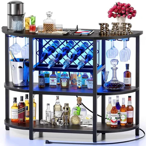Zarler Carrito de bar con toma de corriente fácil de montar, gabinete de bar LED para el hogar, para licor, 47.3 pulgadas de largo x 15.8 pulgadas