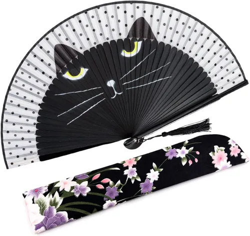 Miniatura 25 de Abanico plegable de seda y bambú, 8.27 pulgadas (21 cm), estilo retro, vintage, elegante y encantador, chino/japonés, regalo para mujeres y niñas