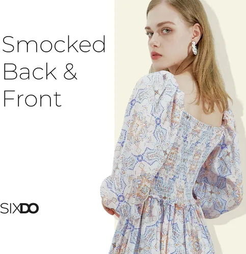 Miniatura 4 de Womens 2025 Midi Dresses Smocked Long Sleeve Floral Elastic Cuffs Square Neck Casual Beach Work Office Wear