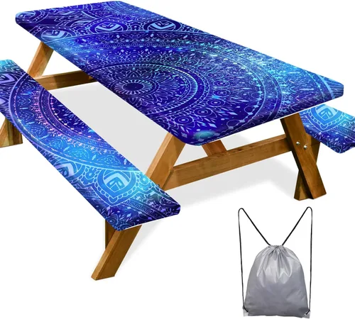 Miniatura 48 de Funda de mesa de picnic con fundas para bancos Esenciales de camping Mantel de picnic impermeable y a prueba de viento con bolsa de cordón, funda