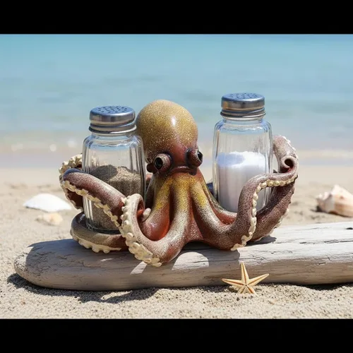 Miniatura 5 de Comfy Hour Dúo decorativo de salero y pimentero de pulpo, hecho a mano artesanal, soporte para mesa de cocina, incluye 2 botellas de vidrio, resina