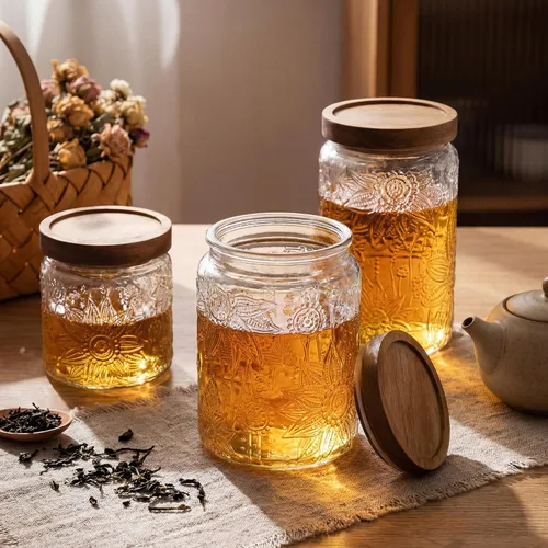 Miniatura 6 de Suclain 5 tarros de vidrio vintage de girasol con tapa hermética de bambú de 17/24/34 onzas, almacenamiento para cocina, encimera, despensa, harina