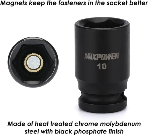 Miniatura 5 de MIXPOWER 5 piezas de enchufe de 1/4" de 6 puntos de tamaño único de 10 mm, juego de enchufes de 10 mm, enchufe magnético, junta universal, enchufe