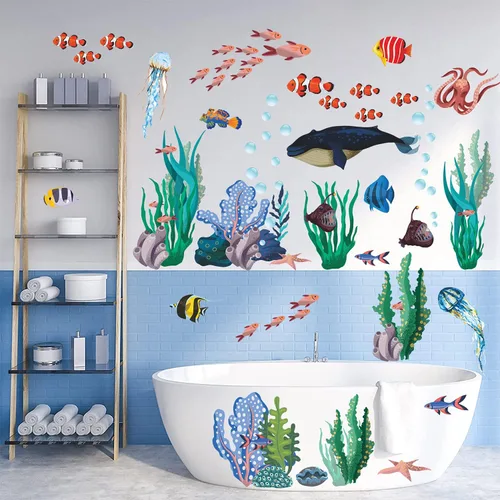 Miniatura 6 de Adhesivo creativo extraíble 3D bajo el mar para pared, diseño de hierba de coral, vida oceánica, despegar y pegar, decoración de pared de peces