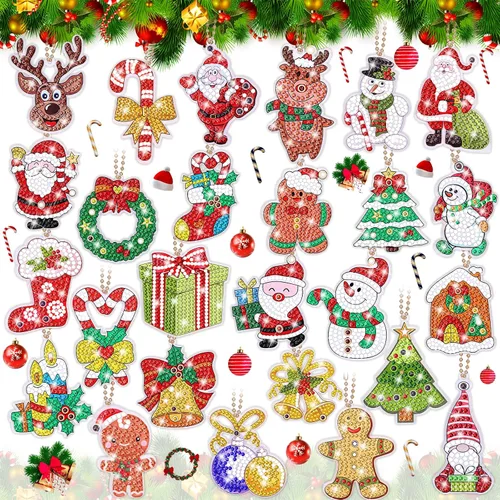 Qinzave 26 piezas de llavero de pintura de diamante de Navidad 5D llavero de arte de diamante, adorno de Navidad con diamantes de imitación para