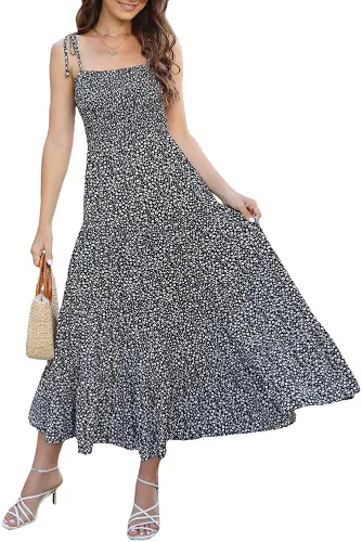 IBAOTORONI Vestido largo de verano para mujer, con tirantes y lazo floral, casual, cuello cuadrado, fruncido, escalonado, con volantes, bohemio,