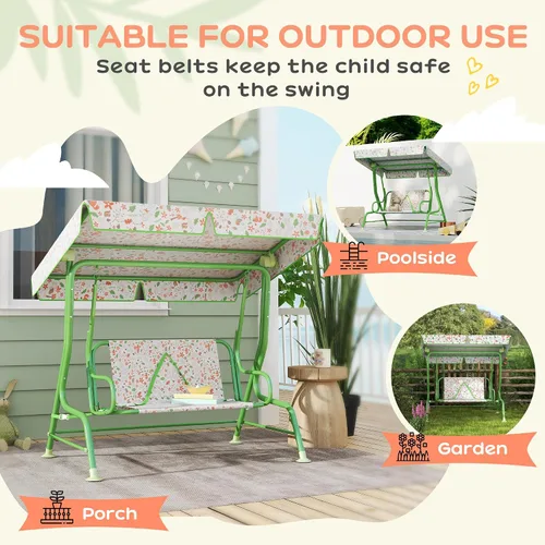 Miniatura 5 de Qaba Columpio de patio para niños, 2 plazas para porche al aire libre con toldo ajustable, cinturón de seguridad, banco colgante con patrón de zorro