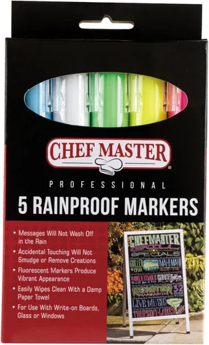 Chef-Master 90032 Marcadores impermeables | 5 colores vibrantes diferentes | Seguro para usar en carteles de menú al aire libre | Marcadores a