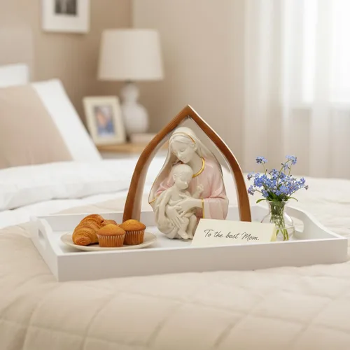 Miniatura 6 de Comfy Hour Figura de Virgen y el Niño de 10 pulgadas, estatua de niño de la Virgen María y Cristo con fondo de arco de aspecto de madera, acento