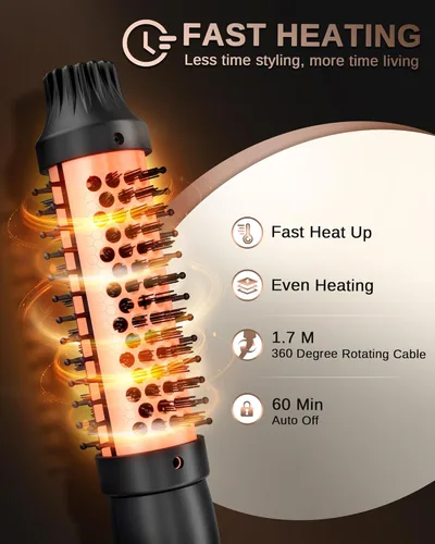 Miniatura 3 de Cepillo térmico redondo calentado: Peine de pelo caliente 2 en 1 con 9 ajustes de temperatura para alisar y rizar el cabello - herramienta
