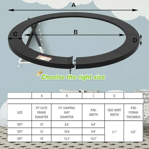 Miniatura 3 de Almohadilla de cama elástica de 10 pies, 12 pies, 14 pies, almohadilla de seguridad de repuesto, almohadillas universales para cama elástica, Negro