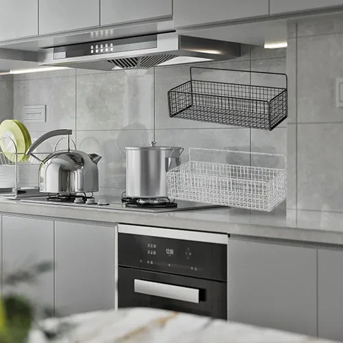 Miniatura 2 de Cestas colgantes de alambre de cocina, organizador de frutas negro para montaje en pared, sin perforaciones, soporte de metal pequeño para gabinete