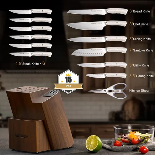 Miniatura 6 de Astercook Juego de Cuchillos de Cocina con Bloque y Afilador Doble Full Tang 15 Piezas Cuchillos de Acero Inoxidable Alemán Aptos para Lavavajillas