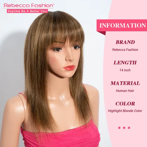Miniatura 2 de Rebecca Fashion Pelucas lacias de 14 pulgadas con flequillo, pelucas de cabello humano para mujeres negras, sin encaje frontal, pelucas de cabello