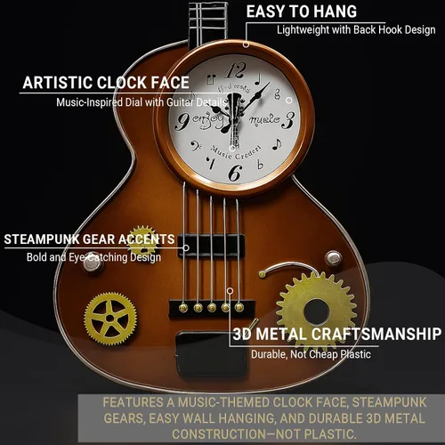 Miniatura 4 de Reloj de pared para guitarra, reloj retro en forma de guitarra de metal marrón con engranajes, silencioso sin tictac, decoración de sala de música
