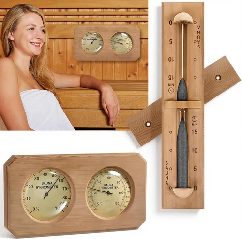Miniatura 7 de Tellegloww Juego de 2 termómetros de sauna 2 en 1, higrómetro y temporizador de sauna, juego de arena Fahrenheit y Celsius hecho a mano de madera