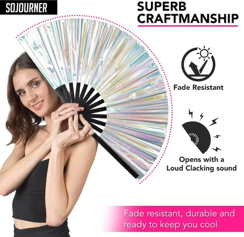 Miniatura 4 de Ventilador holográfico para rave, fanático del orgullo y ventilador de festivales, ventilador plegable grande para festivales, Halloween, burlesque