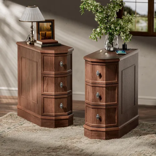 Miniatura 11 de Mesita de noche con estación de carga, mesa auxiliar de madera vintage con 3 cajones, mesa auxiliar estrecha Victoria, mesitas de noche delgadas
