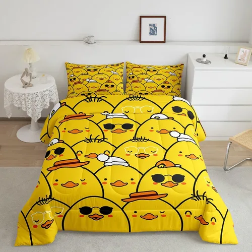 Miniatura 18 de Erosebridal Juego de ropa de cama a cuadros azul para niños, juego de cama individual con diseño de patos amarillos de dibujos animados, juego