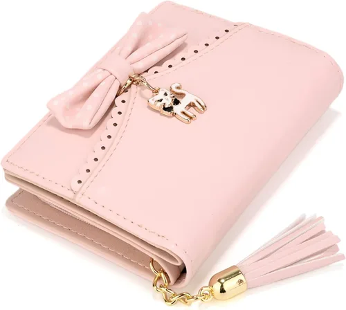Miniatura 3 de UTO Cartera para niñas de piel sintética con colgante de gato con borla y cremallera, organizador de tarjetas para mujer, pequeño y lindo monedero