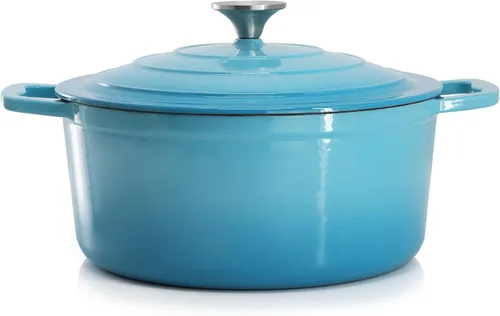 Miniatura 6 de MegaChef Cazuela redonda de hierro fundido esmaltado con tapa, 5 cuartos de galón, azul