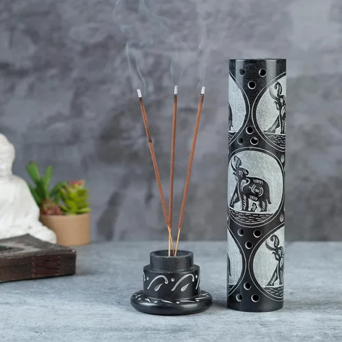 Miniatura 2 de Crocon Quemador de torre de incienso de mármol negro hecho a mano, forma redonda, diseño Jali, quemador de torre de incienso Portavelas de luz