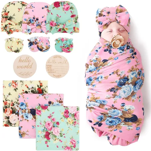 Miniatura 10 de DRESHOW BQUBO Manta de Recepción para Recién Nacido con Conjunto de Gorro con Lazo Estampado de Flores Manta Envolvente para Bebé con Gorro 1 juego