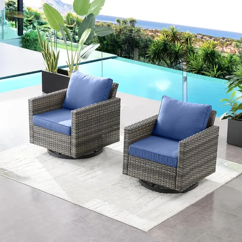 Miniatura 119 de HUMMUH Juego de 2 sillas giratorias para patio, mimbre de polietileno, para exteriores, bistró, porche, balcón, muebles con cojines Gris/gris