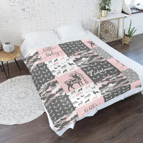 Miniatura 2 de Manta personalizada de Little Antler Man Woodland Pink con nombre y texto, manta de forro polar súper suave personalizada para sofá, cama, 50 x 60