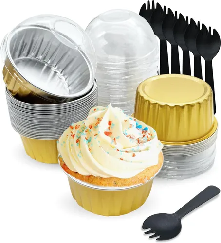 Moldes desechables dorados, 30 unidades, 5 onzas, mini tazas de aluminio para hornear con tapas, forros para cupcakes de crema brulee, moldes de