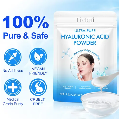 Miniatura 6 de Paquete de 2 polvos de ácido hialurónico para la piel, alto peso molecular, profundamente hidratante, polvo soluble en agua de grado cosmético