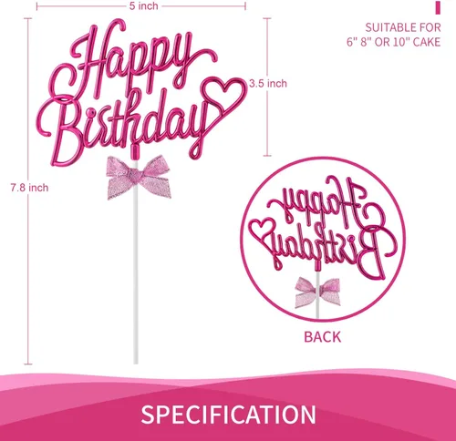 Miniatura 3 de Decoración de pastel de feliz cumpleaños rosa intenso – Cartel de feliz cumpleaños 3D de doble cara para pastel con lazo, idea para decoración