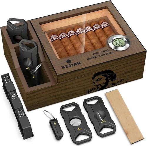 Miniatura 9 de KEJIAR Humidor de puros, estuche de escritorio de cedro con tapa de vidrio con 2 cajas de accesorios de humidor lateral con cortador de puros