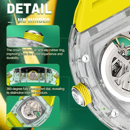 Miniatura 6 de MINBER Reloj automático de esqueleto, esfera de 1.693 in con manecillas luminosas, reloj de cuerda automática, resistente al agua 3 ATM, plástico
