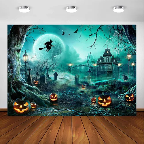 Miniatura 11 de Avezano Telón de fondo para fotografía de Halloween, luna llena, noche aterradora, castillo, calabazas, fondo de fiesta, espeluznante, bruja, Gris