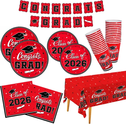 Gatherfun suministros para fiesta de graduación 2022, para 25 comensales, vajilla roja y desechable de papel, con platos, servilletas, vasos, mantel
