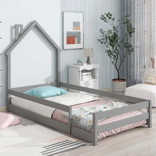 Cama Montessori de madera tamaño individual con cabecera y cercas en forma de casa, cama de plataforma completa para niños, niñas, niños, altura Gris
