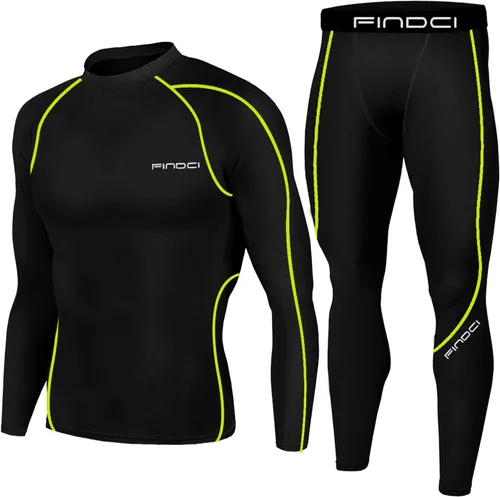 Conjunto deportivo para hombre, camiseta de compresión y pantalones ajustados para la piel, manga larga, secado rápido, para gimnasio, yoga, Negro -