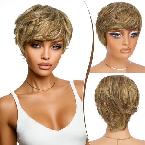Miniatura 13 de RUWISS Peluca de cabello humano con corte Pixie, peluca de cabello humano con flequillo, peluca negra corta natural en capas, ondulada, diferentes