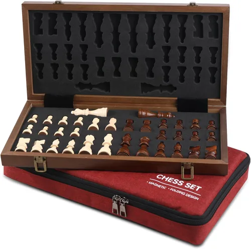 Miniatura 10 de Rinten Juego de ajedrez magnético de madera de 12 a 7 pulgadas, juego de tablero de ajedrez plegable portátil de viaje, juego de estrategia