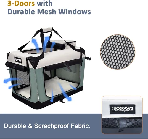 Miniatura 2 de JESPET Jaulas suaves para perros para mascotas, 3 puertas, plegables, con correas y tapete de forro polar para perros, gatos, conejos, uso