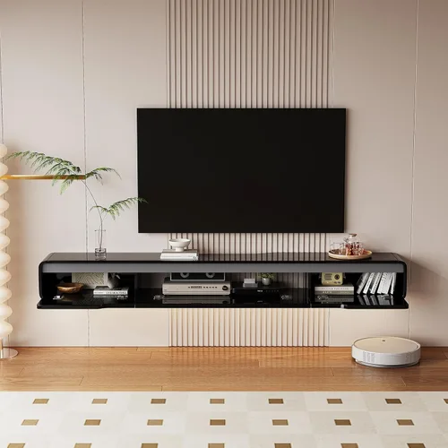 Miniatura 8 de FurniNova Soporte de TV flotante de alto brillo con 3 puertas, mueble de TV de 47'' montado en pared, consola bajo TV, estante de medios flotante