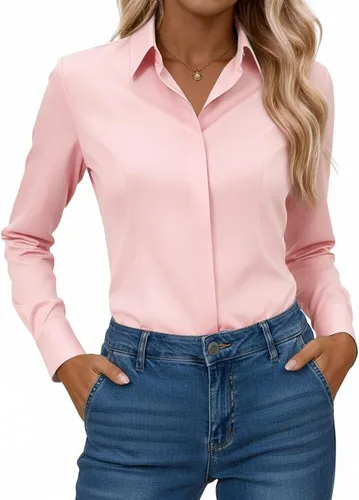 Miniatura 17 de Gleeivy Camisa con botones para mujer, solapa con botones ocultos, ligera, transpirable, resistente a las manchas, manga larga, trabajo e informal